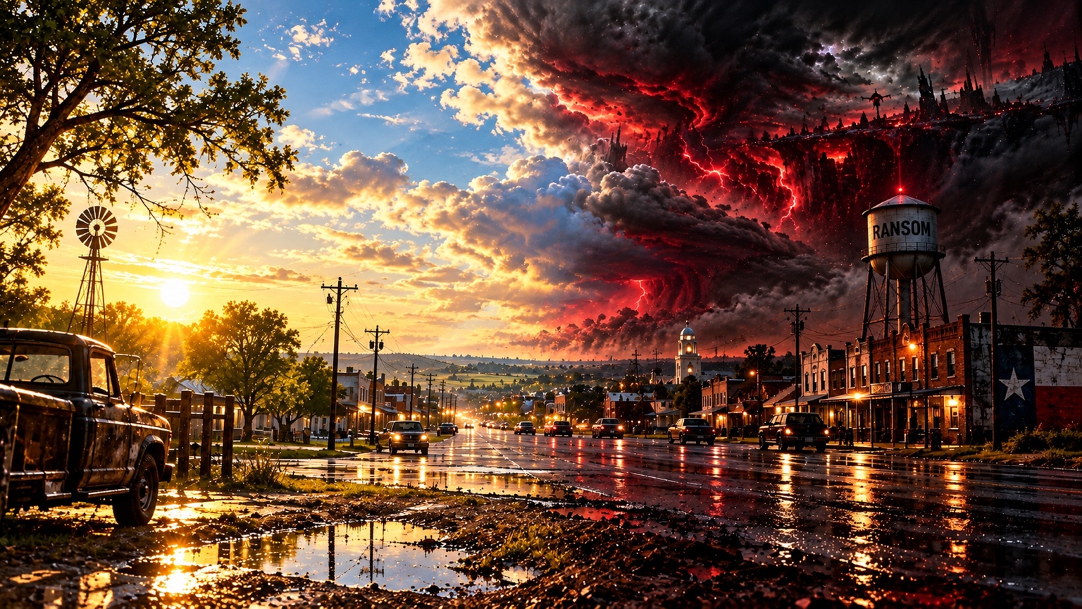 Approved illustration of Ransom, Texas: golden ordinary life meeting a crimson supernatural storm
