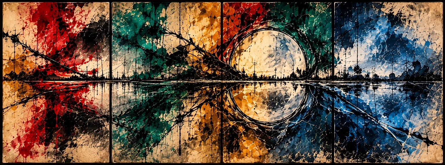 The complete RANSOM panorama: red, teal, ochre and blue fractured horizons assembling into the decaying world beyond